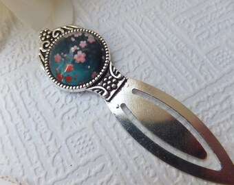 Black Turquoise and Pink Blossom Print Bookmark in Silver or bronze