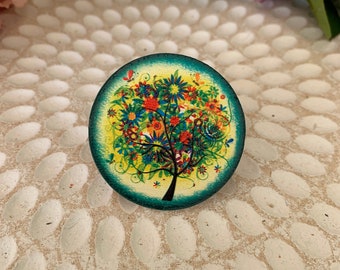 Colourful Tree and Floral 3D Print Wood Print Brooch