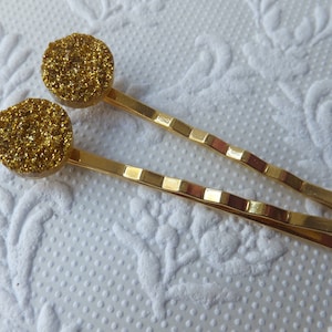 Gold Sparkle Faux Druzy Resin Hairclips - Two gold hair clips