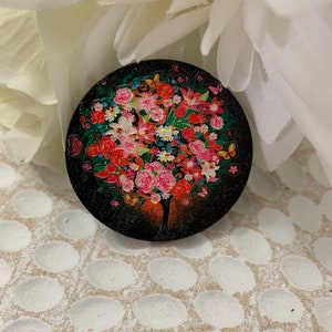 3D Black Pink Red Floral Wood Print Brooch