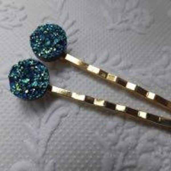 Peacock Blue Green Faux Druzy Resin Hairclips - Two hair clips