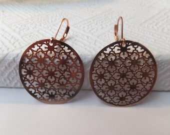 Rose Gold Filigree Round 30mm Pendants hung from Nickel Free Rose Gold Leverback Earrings hooks