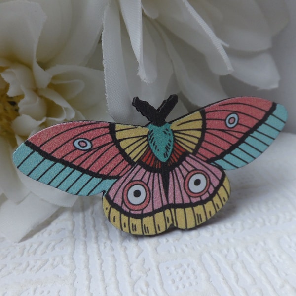 Broche en bois colorée Butterfly Pink Aqua Yellow Salmon