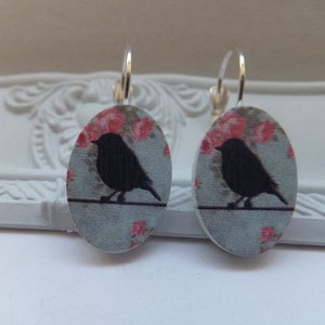 SALE Pink and Green Vintage Bird Photo  Print Earrings- silver or bronze hooks