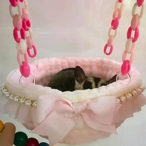 Handmade Sugar Glider Pouch, Crochet Sugar Glider Bed, Pink Bow Pearl Sugar Glider Flying Squirrels Pouch, Sugar Glider Toy, Hamster Toy