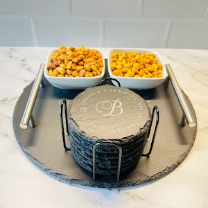 Custom Round Tray & Coaster Set, Script Monogram Featuring Couple’s Names and Wedding Date, Ideal Wedding, Engagement, Anniversary Gift Set