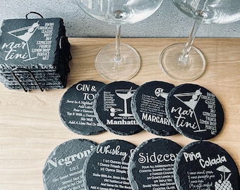 Cocktails Engraved Slate Coaster, Cocktail Coaster Set: Modern Bar Decor Gift, Martini, Negroni, & More