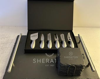 Corporate Charcuterie Gift Set, Engraved Tray, Cheese Knives, and Slate Coasters