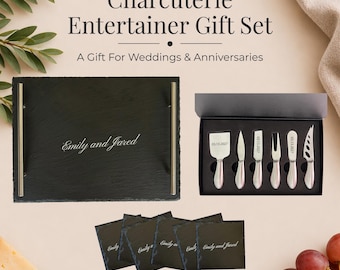 Charcuterie Entertainer Gift Set: Engraved Slate Tray, Cheese Knives, and Coasters