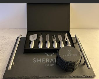Corporate Charcuterie Gift Set, Engraved Tray, Cheese Knives, and Slate Coasters