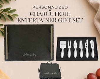 Charcuterie Entertainer Gift Set: Engraved Slate Tray, Cheese Knives, and Coasters