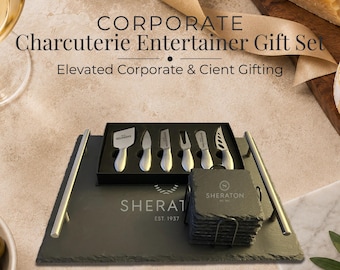Corporate Charcuterie Entertainer Gift Set, Engraved Slate Tray, Cheese Knives, and Coasters