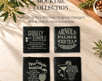 Mocktails Engraved Slate Coaster, Mocktail Recipe Coaster Set with Holder: Modern Bar Gift