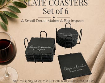 Personalized Slate Coasters Set of 6 with Holder, Engraved Bar Coasters Housewarming Gift