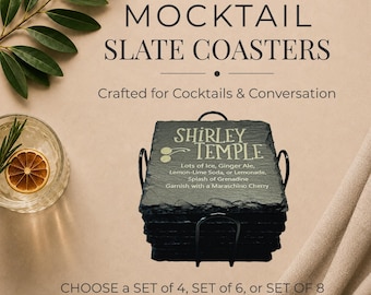 Mocktails Engraved Slate Coaster, Mocktail Recipe Coaster Set with Holder: Modern Bar Gift