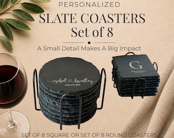 Slate Coasters Set of 8 with Holder, Engraved Drink Coaster Set for Entertaining