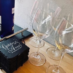 Personalized Slate Coaster Set – Custom Engraved Wedding, Anniversary, Couples, or Housewarming Gift – Set of 4 or 8 with Holder