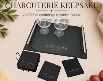 Personalized Charcuterie Keepsake Gift, Engraved Tray with Couples Slate Coasters (Set of 6)