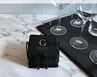 Slate Coasters Set of 8 with Holder, Engraved Drink Coaster Set for Entertaining