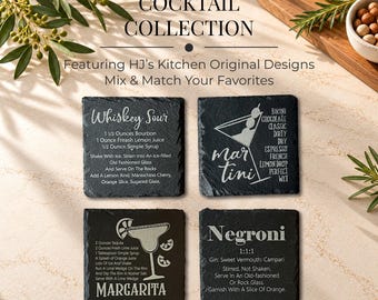 Cocktails Engraved Slate Coaster, Cocktail Coaster Set: Modern Bar Decor Gift, Martini, Negroni, & More