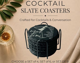 Cocktails Engraved Slate Coaster, Cocktail Coaster Set: Modern Bar Decor Gift, Martini, Negroni, & More