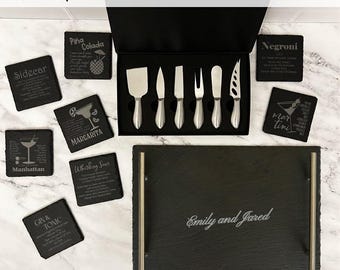 Charcuterie Entertainer Gift Set: Engraved Slate Tray, Cheese Knives, and Recipe Coasters