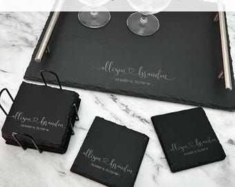 Personalized Charcuterie Keepsake Gift, Engraved Tray with Couples Slate Coasters