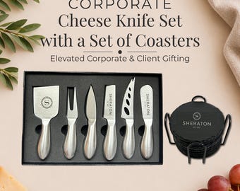 Charcuterie Knife Kit + 8 Engraved Coasters + Holder | Corporate Gift Orders