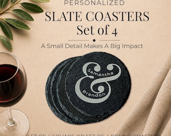 Slate Coasters Set of 4, Engraved Drink Coasters for Home Bar or Hostess Gift