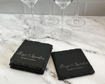 Slate Coasters Set of 4, Engraved Drink Coasters for Home Bar or Hostess Gift