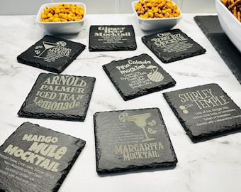 Mocktails Engraved Slate Coaster, Mocktail Recipe Coaster Set with Holder: Modern Bar Gift