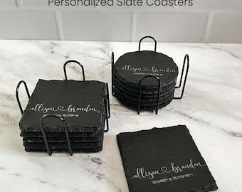 Personalized Slate Coasters Set of 6 with Holder, Engraved Bar Coasters Housewarming Gift