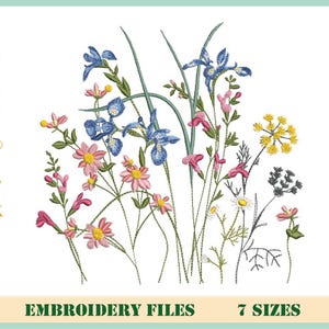 Wild Flowers Embroidery Files, Wild Flower Bouquet, Modern Spring Summer Digital Design Machine Embroidery File, 7 Sizes