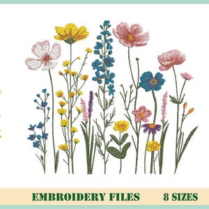 Wild Flowers Embroidery Files, Wild Flower Bouquet, Modern Spring Summer Digital Design Machine Embroidery File, 8 colors, 8 Sizes