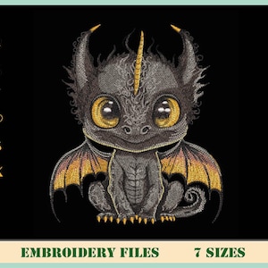 Baby Dragon Embroidery Design, Baby Animal Embroidery Design, Black Dragon, Machine Embroidery Design, 7 Sizes