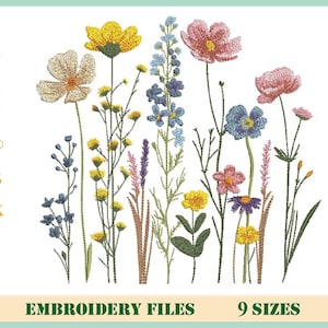 Wild Flowers Embroidery Files, Wild Flower Bouquet, Modern Spring Summer Digital Design Machine Embroidery File, 9 Sizes