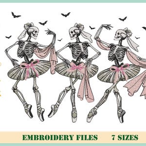Dancing Skeletons Embroidery Design, Dancing Skeletons in Tutus with Bats Machine, 7 sizes