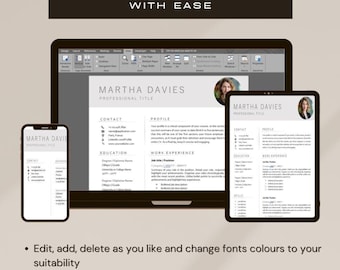 Puede incluir: Una maqueta digital de una plantilla de currículum en una computadora portátil, una tableta y un teléfono inteligente. La plantilla está diseñada para un profesional llamado Martha Davies. El texto "Create Your Powerfull CV With Ease" se muestra en la parte superior de la imagen.