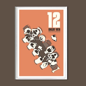 May include: A minimalist poster design with an orange background featuring the title "12 Angry Men" and a stylised illustration of 12 men sitting around a table.