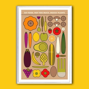 Eat food, not too much, mostly plants vegan poster retro print in various sizes