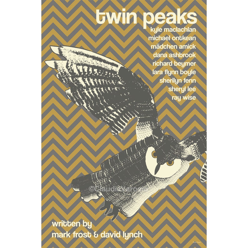 May include: A vintage-style poster for the television show "Twin Peaks" featuring a stylized owl with a chevron pattern background. The poster lists the show's cast and credits, including "written by Mark Frost & David Lynch."