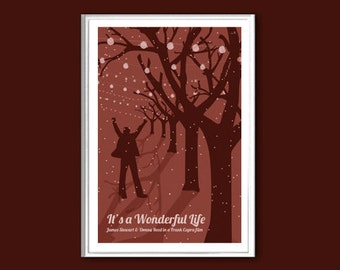May include: A poster with a silhouette of a person with arms raised in the air, standing in a snowy forest with trees decorated with lights. The poster is red and white and has the text "It's a Wonderful Life" and "James Stewart & Donna Reed in a Frank Capra film".
