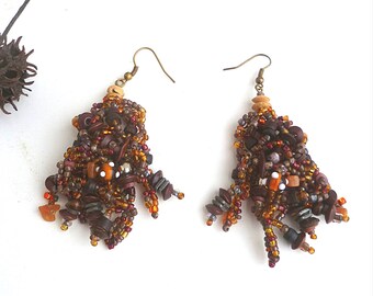 Beaded brown earrings, bohemian style, statement earrings, free form peyote stitch, wearable art, unique, one of a kind