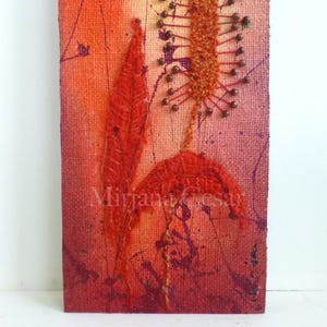 Embroidered Burlap Art: Red Cattail, Acrylic & Wood Beads