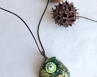 Felted beaded necklace, pebble pendant, bead embroidery, hand stitched, unique jewelry, green necklace, Green pebble