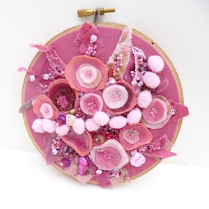 Hand Stitched Floral Fiber Collage: Beaded Embroidery Hoop Wall Art