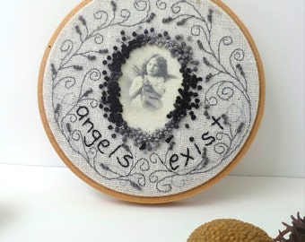Embroidery hoop art featured in Sew Somerset home decor french knot stitch wall art one of a  kind, Vintage portrait II