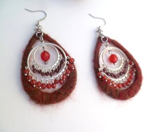 Dangling earrings, burgundy,  boho style, statement earrings, wearable art, one of a kind, yarn wrapped, fiber art