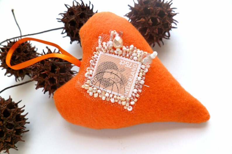 Orange heart, felt ornament, home decor, felt heart, bead embroidery, textile art, one of a kind, unique, decorative, Queen Beatrix image 3