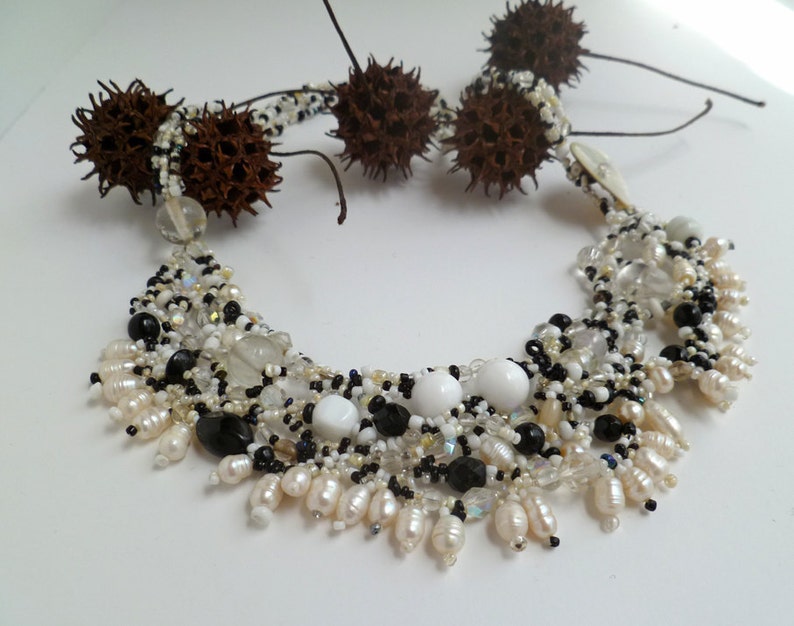 one of a kind Night and day VII black and white beaded art jewelry wearable art bohemian style statement Free form peyote stitch necklace